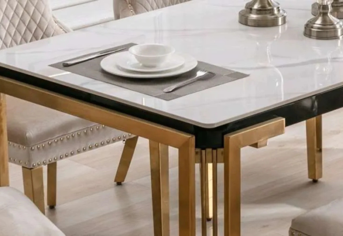 T-1275 71″ Ceramic Marble Gold Dining Set w/ Velvet Chairs - Image 3