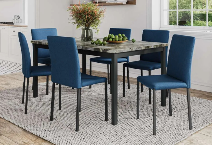 T-3201c 60″ 7pc High Gloss Faux Marble Dining Set w/ Linen Chairs - Image 4