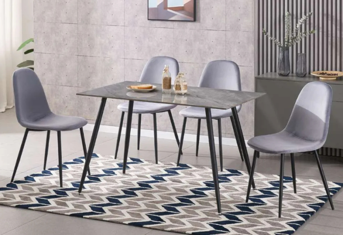 T-3528b 48″ 5pc Grey Marble Sintered Stone Dining Set w/ Velvet Chairs - Image 3