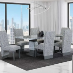 CFI-1600 82″ Faux Grey Marble Dining Set w/ Fabric Channel Chairs
