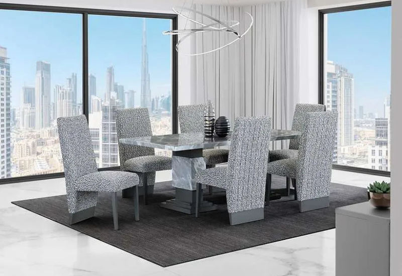 Untitled design - 2026-08-20T014401.864 CFI-1600 82″ Faux Grey Marble Dining Set w/ Fabric Channel Chairs - Image 1