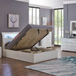 Barcelona White Lacquer Wood Platform Bed w/ Hydraulic Drawers
