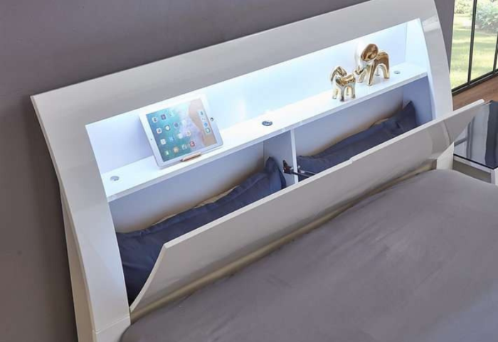 Barcelona White Lacquer Wood Platform Bed w/ Hydraulic Drawers - Image 3