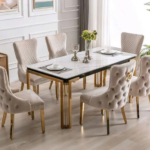 T-1275 71″ Ceramic Marble Gold Dining Set w/ Velvet Chairs
