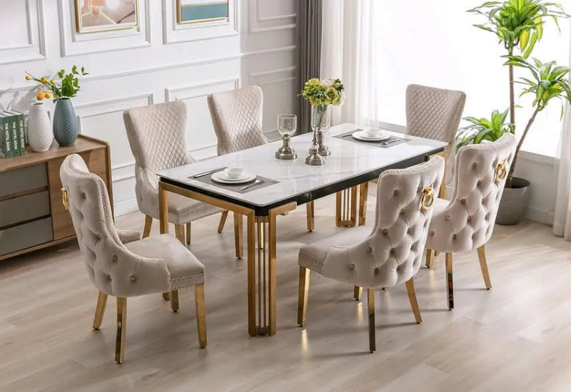 Untitled design (9) T-1275 71″ Ceramic Marble Gold Dining Set w/ Velvet Chairs - Image 1