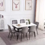 T-1818 55″-75″ 7pc Extendable White Marble Dining Set w/ Velvet Chairs