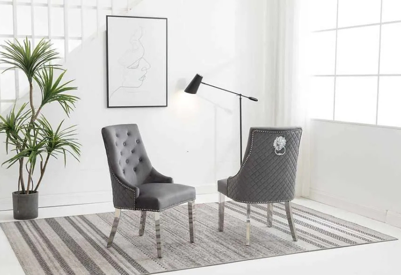 Untitled design (18) C-1250 Grey Velvet Dining Chairs w/ Chrome Legs (Set of 2) - Image 1