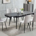 T-1472 48″-71″ 7pc Extendable Black Marble Dining Set w/ Velvet Chairs