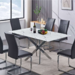 T-1442c 63″ 7pcs White Marble Glass Dining Set w/ PU Chairs