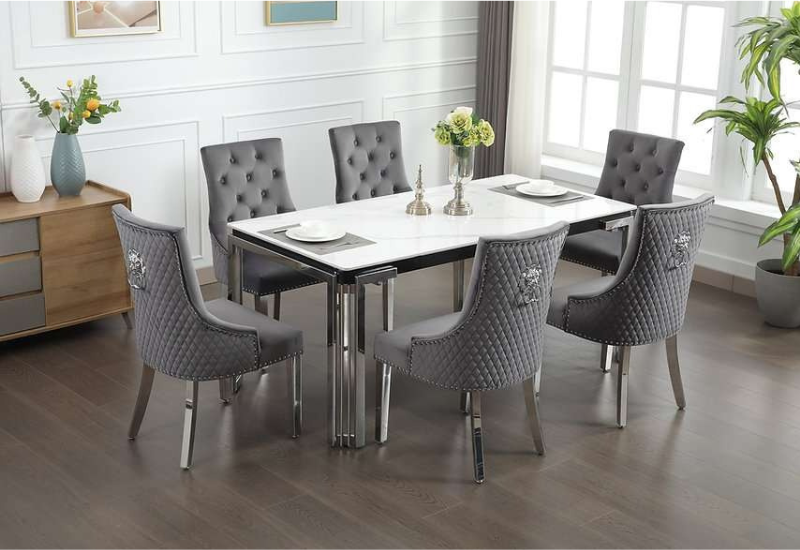 Untitled design - 2026-09-03T191117.487 T-1274a 71″ Ceramic Marble Dining Set w/ Lion-Head Velvet Chairs - Image 1