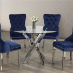 T-1447b 44″ 5pc Glass Dining Set w/ Chrome Knocker Velvet Chairs