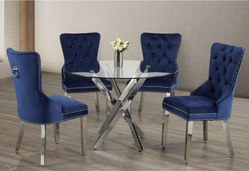 Untitled design - 2026-09-03T192422.827 T-1447b 44″ 5pc Glass Dining Set w/ Chrome Knocker Velvet Chairs - Image 1