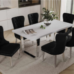 T-3360b 71″ White Gloss Wood Dining Set w/ Chrome Legs