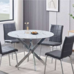 T-1445 44″ 5pc White Marble Glass Dining Set w/ PU Leather Chairs