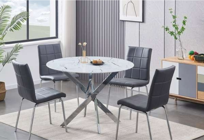 Untitled design - 2026-09-03T200212.883 T-1445 44″ 5pc White Marble Glass Dining Set w/ PU Leather Chairs - Image 1