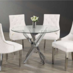 T-1447a 44″ 5pc Glass Dining Set w/ Lion-Head Velvet Chairs