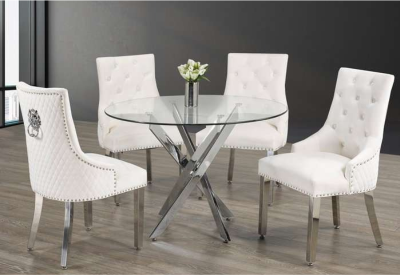 Untitled design - 2026-09-03T214410.826 T-1447a 44″ 5pc Glass Dining Set w/ Lion-Head Velvet Chairs - Image 1