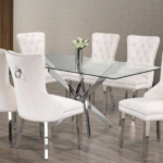 T-1448b 63″ Glass Dining Set w/ Chrome Knocker Velvet Chairs