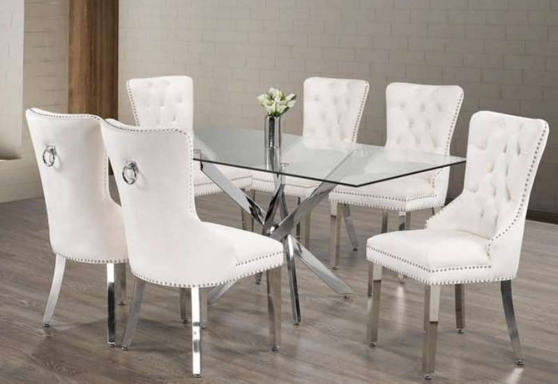 Untitled design - 2026-09-03T221408.767 T-1448b 63″ Glass Dining Set w/ Chrome Knocker Velvet Chairs - Image 1