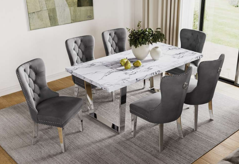 Untitled design - 2026-09-03T222053.226 T-3355b 71″ Faux Marble Wood Dining Set w/ Chrome Legs - Image 1