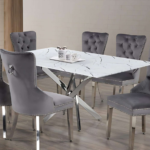 T-1442b 63″ Glass Dining Set w/ Chrome Knocker Velvet Chairs