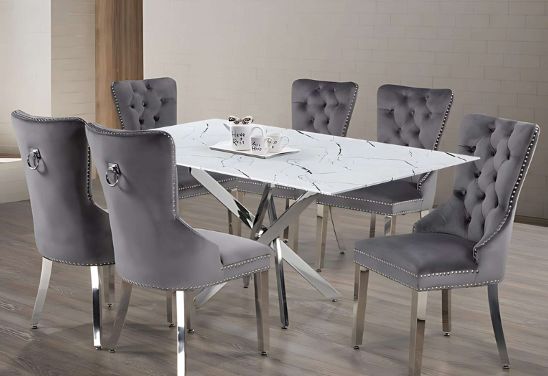 Untitled design - 2026-09-03T223809.311 T-1442b 63″ Glass Dining Set w/ Chrome Knocker Velvet Chairs - Image 1