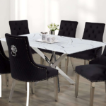 T-1442a 63″ White Marble Glass Dining Set w/ Lion-Head Velvet Chairs