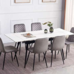 T-1818 55″-75″ 7pc Extendable White Marble Dining Set w/ Velvet Chairs