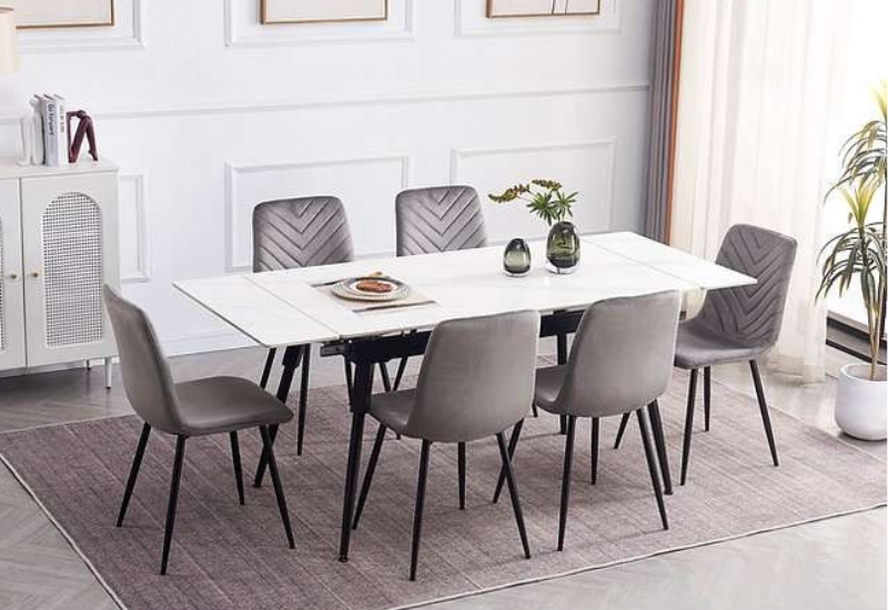 Untitled design - 2026-09-04T005552.477 T-1818 55″-75″ 7pc Extendable White Marble Dining Set w/ Velvet Chairs - Image 1