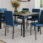 T-3201c 60″ 7pc High Gloss Faux Marble Dining Set w/ Linen Chairs