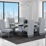 CFI-1600 82″ Faux Grey Marble Dining Set w/ Fabric Channel Chairs