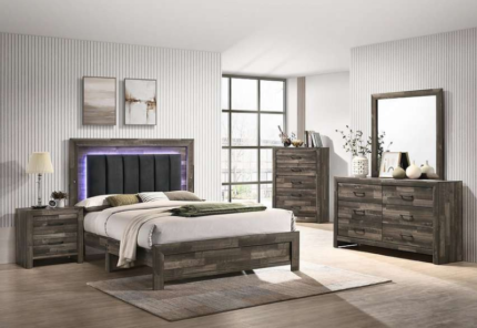 Athens Brown Wood Bed w/ LED Headboard